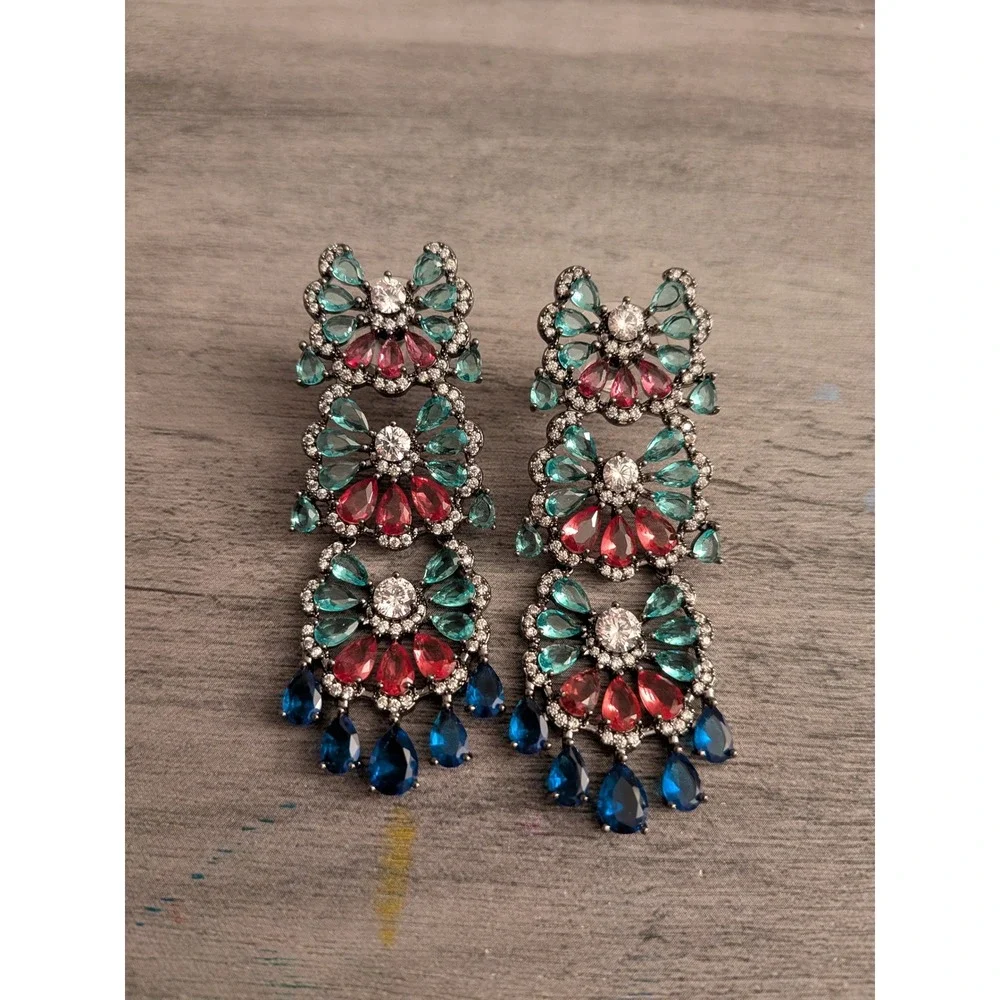 Multicolor Floral Rhinestone Drop Earrings Teal Red Blue Gunmetal Statement